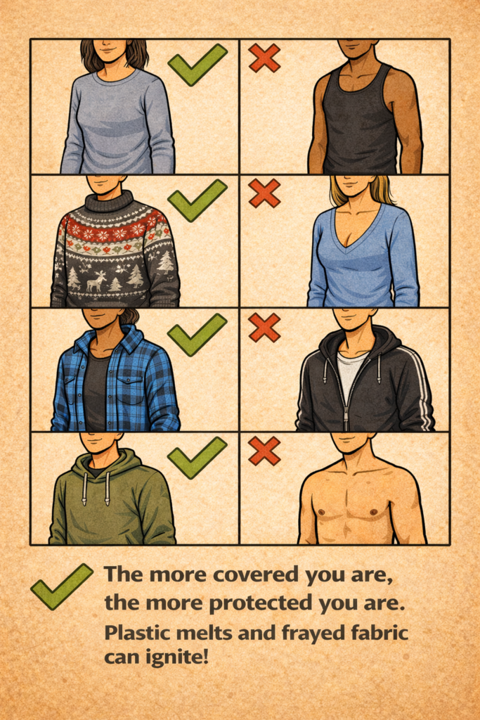 The more covered you are, the better. Plastic clothing, low cut clothing or little to no clothing isn't forge safe! Hoodies, jumpers, and shirts that provide lots of protection is really important!