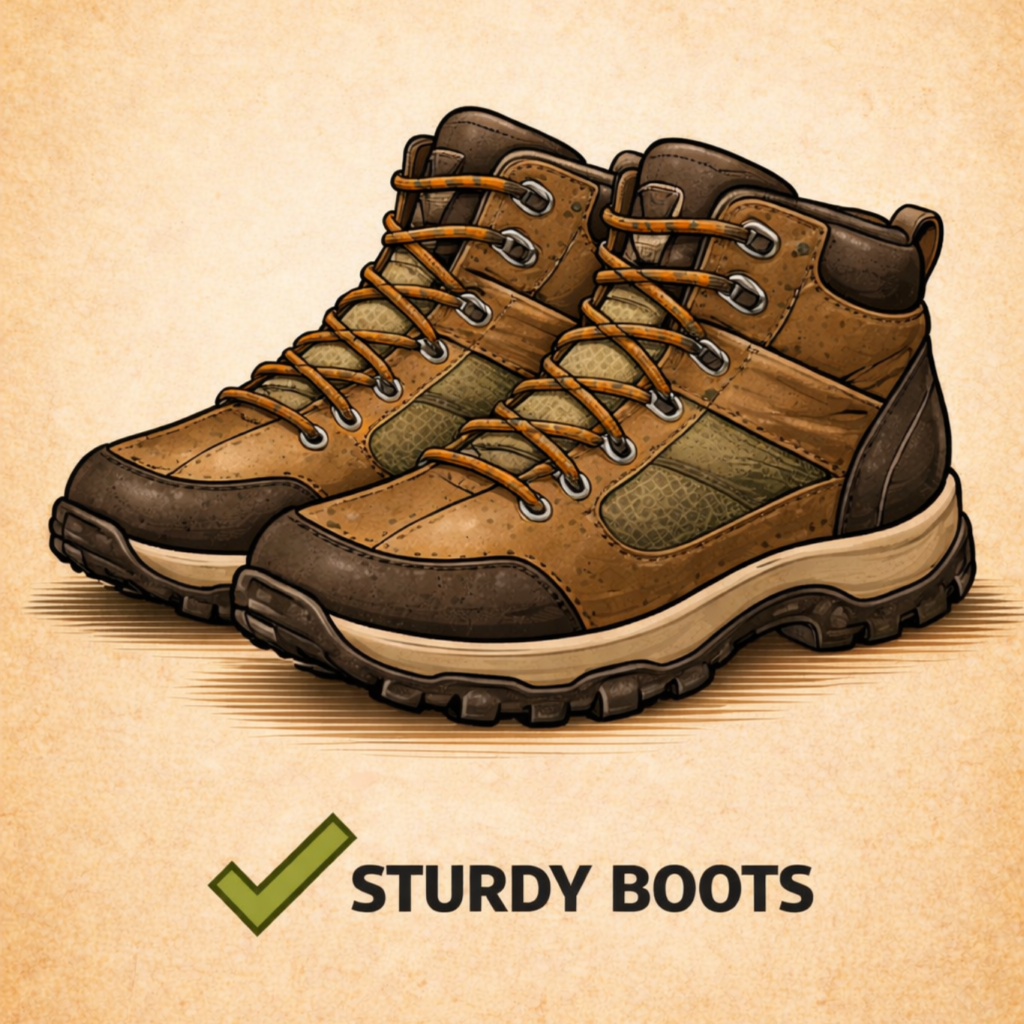 decent hiking boots are good for the forge, they support your feet and give good protection!