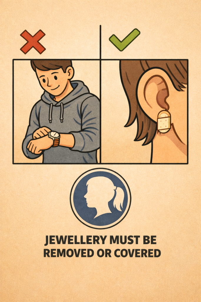 Jewellery is worn at your own risk, and we strongly recommend removing it or covering it up